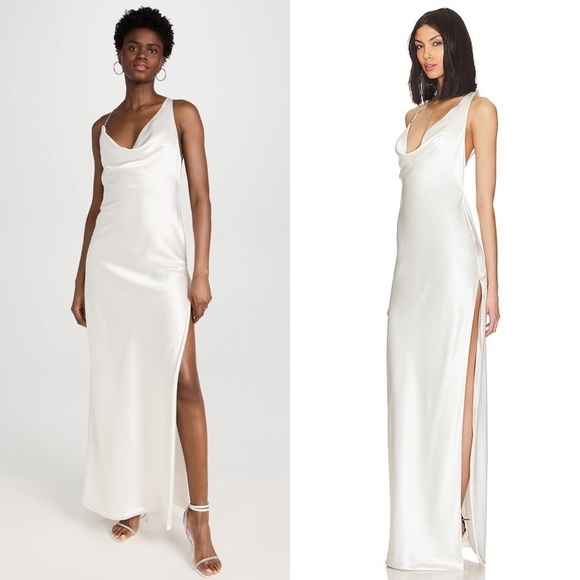 NWT RETROFETE Satin Asymmetric Crystal Chain Strap Draped Neck Open Back Gown S - Picture 5 of 13